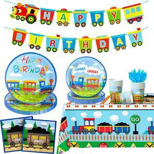 Train Birthday Party Supplies, 128 Pcs Train Party Decorations Tableware Set, Train Plates and Cups Napkins Train Birthday Banner Tablecloth etc Train Themed Tableware Train Birthday Party Supplies, 128 Pcs Train Party Decorations Tableware Set, Train Plates and Cups Napkins Train Birthday Banner Tablecloth etc Train Themed Tableware