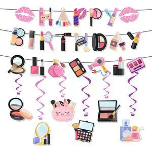 7 Pcs Makeup Birthday Party Decorations, Makeup Banner Hanging Swirls Spiral Decoration Spa Happy Birthday Banner for Spa Party Decor 7 Pcs Makeup Birthday Party Decorations, Makeup Banner Hanging Swirls Spiral Decoration Spa Happy Birthday Banner for Spa Party Decor