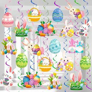 56 Pcs Easter Hanging Swirl Decorations, Easter Party Hanging Swirls Egg Bunny Hanging Foil Swirls Decorations 56 Pcs Easter Hanging Swirl Decorations, Easter Party Hanging Swirls Egg Bunny Hanging Foil Swirls Decorations