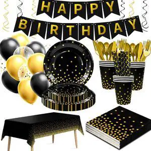 148 Pcs Black and Gold Party Decorations, 16 Guests Black and Gold Party Tableware Set with Plates Tablecloth Gold Foil Balloons Banner for Wedding Anniversary Party Decorations 148 Pcs Black and Gold Party Decorations, 16 Guests Black and Gold Party Tableware Set with Plates Tablecloth Gold Foil Balloons Banner for Wedding Anniversary Party Decorations
