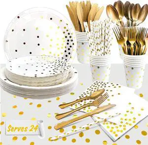 White and Gold Party Supplies, 193 Pcs Gold Paper Plates and Napkins Party Supplies Set - White and Gold Party Paper Plates Cups Tablecloth & Gold Dot Napkins for Graduation, Holiday White and Gold Party Supplies, 193 Pcs Gold Paper Plates and Napkins Party Supplies Set - White and Gold Party Paper Plates Cups Tablecloth & Gold Dot Napkins for Graduation, Holiday