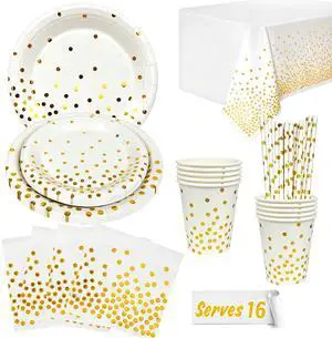 White and Gold Party Supplies,129pcs White Gold Party Tableware Set - White and Gold Paper Plates and napkins Cups Tablecloth etc Gold Dot Party Supplies for Gold and White Party Decorations,Wedding White and Gold Party Supplies,129pcs White Gold Party Tableware Set - White and Gold Paper Plates and napkins Cups Tablecloth etc Gold Dot Party Supplies for Gold and White Party Decorations,Wedding