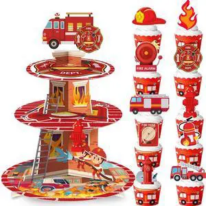 Firefighter Party Decoration Cupcake Stand, Firefighter Birthday Party Decorations Set Includes 3 Tier Fire Truck Cupcake Holder, 12pcs Firetruck Cupcake Toppers for Firetruck Birthday Decorations Firefighter Party Decoration Cupcake Stand, Firefighter Birthday Party Decorations Set Includes 3 Tier Fire Truck Cupcake Holder, 12pcs Firetruck Cupcake Toppers for Firetruck Birthday Decorations