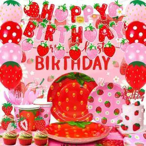 Strawberry Birthday Decorations, 123pcs Strawberry Party Supplies Set Includes Strawberry Paper Plates Tablecloth Strawberry Birthday Cupcake Toppers etc Strawberry Party Decorations Strawberry Birthday Decorations, 123pcs Strawberry Party Supplies Set Includes Strawberry Paper Plates Tablecloth Strawberry Birthday Cupcake Toppers etc Strawberry Party Decorations
