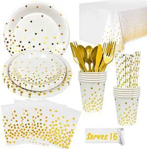 White and Gold Party Supplies,129pcs White Gold Party Tableware Set - White and Gold Paper Plates and napkins Cups Tablecloth etc Gold Dot Party Supplies for Gold and White Party Decorations,Wedding White and Gold Party Supplies,129pcs White Gold Party Tableware Set - White and Gold Paper Plates and napkins Cups Tablecloth etc Gold Dot Party Supplies for Gold and White Party Decorations,Wedding