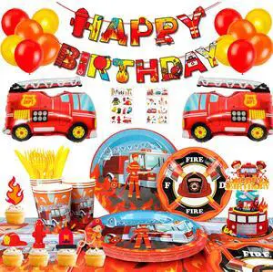 Fire Truck Birthday Party Supplies, 16 Guests Fire Truck Party Tableware, Firetruck Decorations Balloons Plates Napkins Tablecloth etc Fireman Birthday Party Decorations Fire Truck Birthday Party Supplies, 16 Guests Fire Truck Party Tableware, Firetruck Decorations Balloons Plates Napkins Tablecloth etc Fireman Birthday Party Decorations