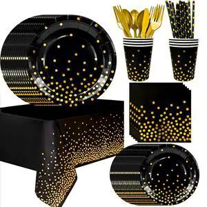 Black and Gold Party Supplies Tableware, 24 Guests Gold Dot on Black Paper Plates Napkins and Cups Black Gold Tablecloth Dinnerware Sets for Wedding Birthday Graduation Party Decorations Black and Gold Party Supplies Tableware, 24 Guests Gold Dot on Black Paper Plates Napkins and Cups Black Gold Tablecloth Dinnerware Sets for Wedding Birthday Graduation Party Decorations