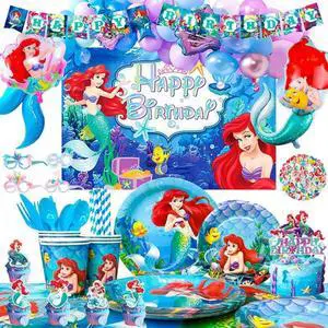 Mermaid Princess Party Decoration Background Balloon Banner Tableware Plates Set Mermaid Princess Party Decoration Background Balloon Banner Tableware Plates Set