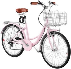 VEVOR Women Bike, 24 in Beach Cruiser Bike, 7-Speed Adult City Bicycle with Carbon Steel Frame, 330 lbs Capacity, Basket, Rear Rack & Dual V-Brakes, Pink VEVOR Women Bike, 24 in Beach Cruiser Bike, 7-Speed Adult City Bicycle with Carbon Steel Frame, 330 lbs Capacity, Basket, Rear Rack & Dual V-Brakes, Pink
