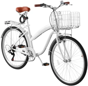 VEVOR Women Bike, 26 in Beach Cruiser Bike, 7-Speed Adult City Bicycle with Carbon Steel Frame, 330 lbs Capacity, Basket, Rear Rack & Dual V-Brakes, White VEVOR Women Bike, 26 in Beach Cruiser Bike, 7-Speed Adult City Bicycle with Carbon Steel Frame, 330 lbs Capacity, Basket, Rear Rack & Dual V-Brakes, White
