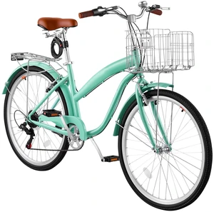 VEVOR Women Bike, 26 in Beach Cruiser Bike, 7-Speed Adult City Bicycle with Carbon Steel Frame, 330 lbs Capacity, Basket, Rear Rack & Dual V-Brakes, Mint Green VEVOR Women Bike, 26 in Beach Cruiser Bike, 7-Speed Adult City Bicycle with Carbon Steel Frame, 330 lbs Capacity, Basket, Rear Rack & Dual V-Brakes, Mint Green
