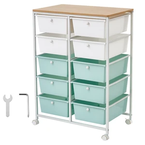 VEVOR Rolling Cart with Drawers, Double Row 10 Drawer Storage Organizer, Mobile Utility Cart, Wood Top, Steel Frame, Universal Casters & 2 Brakes, for Office, Classroom, Craft Room, Studio, Blue White VEVOR Rolling Cart with Drawers, Double Row 10 Drawer Storage Organizer, Mobile Utility Cart, Wood Top, Steel Frame, Universal Casters & 2 Brakes, for Office, Classroom, Craft Room, Studio, Blue White