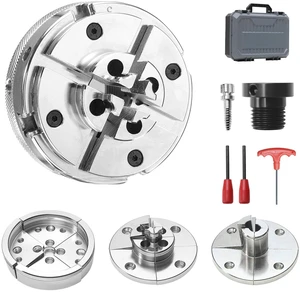 VEVOR 4 Inch Wood Lathe Chuck, 4-Jaw, Self-Centering Wood Turning Chuck Set with 1" x 8TPI Thread & Adapter, 4 PCS Round/Step/Pin Jaws, Case, Nickel-Plated, High-Hardness Steel, for Woodworking Lathe VEVOR 4 Inch Wood Lathe Chuck, 4-Jaw, Self-Centering Wood Turning Chuck Set with 1" x 8TPI Thread & Adapter, 4 PCS Round/Step/Pin Jaws, Case, Nickel-Plated, High-Hardness Steel, for Woodworking Lathe
