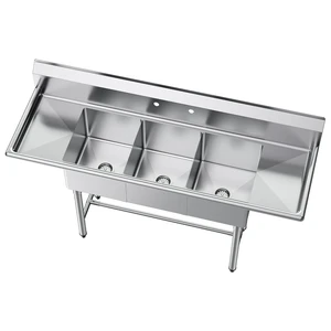 VEVOR 3 Compartment Sink, 18-Gauge 304 Stainless Steel, 14" x 16" x 11" Bowl Size, 3 Bay Commercial Kitchen Prep & Utility Sink with 2 Drainboards and Backsplash for Restaurant, Food Truck & Home Use VEVOR 3 Compartment Sink, 18-Gauge 304 Stainless Steel, 14" x 16" x 11" Bowl Size, 3 Bay Commercial Kitchen Prep & Utility Sink with 2 Drainboards and Backsplash for Restaurant, Food Truck & Home Use