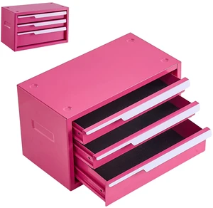 VEVOR Steel Tool Box with 3 Drawers Portable Metal Toolbox Heavy Duty Pink, for Garage Workshop Repair Shop Workbench, Magnetic Design, Tool Chest Cabinet Storage Organizer, with Protective Liners VEVOR Steel Tool Box with 3 Drawers Portable Metal Toolbox Heavy Duty Pink, for Garage Workshop Repair Shop Workbench, Magnetic Design, Tool Chest Cabinet Storage Organizer, with Protective Liners