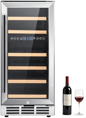 VEVOR 15 inch Wine Fridge 28-Bottle Wine Cooler Refrigerator for Home Bar, Dual Zone, Built-in or Freestanding Compressor Wine Cellar, with Lock, 40-65 Temp Control, Glass Door, and LED lighting VEVOR 15 inch Wine Fridge 28-Bottle Wine Cooler Refrigerator for Home Bar, Dual Zone, Built-in or Freestanding Compressor Wine Cellar, with Lock, 40-65 Temp Control, Glass Door, and LED lighting
