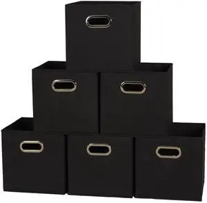 Foldable Fabric Storage Bins 6 Piece Set, Strong Poly-Woven Fabric, Sturdy Chipboard Sides, Grommet Front Handle, Stackable, Classic Design, Black Foldable Fabric Storage Bins 6 Piece Set, Strong Poly-Woven Fabric, Sturdy Chipboard Sides, Grommet Front Handle, Stackable, Classic Design, Black