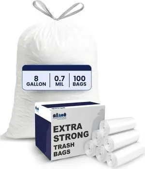 8 Gallon Trash Bags: Premium White Drawstring Garbage Bag, 0.7 Mil Thickness, Durable Trash Can Liners, Garbage Bags for your Trash Can, Ring Size 22" x 22" (Pack of 100) 8 Gallon Trash Bags: Premium White Drawstring Garbage Bag, 0.7 Mil Thickness, Durable Trash Can Liners, Garbage Bags for your Trash Can, Ring Size 22" x 22" (Pack of 100)