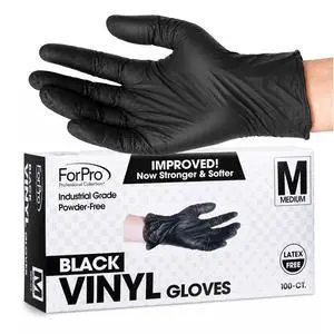 Disposable Vinyl Gloves, Black, Industrial Grade, Powder-Free, Latex-Free, Non-Sterile, Food Safe, 2.75 Mil. Palm, 3.9 Mil. Fingers, Medium, 100-Count Disposable Vinyl Gloves, Black, Industrial Grade, Powder-Free, Latex-Free, Non-Sterile, Food Safe, 2.75 Mil. Palm, 3.9 Mil. Fingers, Medium, 100-Count