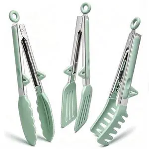 9" Kitchen Tongs for cooking with Silicone Tips, 3Pcs Serving Tongs, Green 9" Kitchen Tongs for cooking with Silicone Tips, 3Pcs Serving Tongs, Green