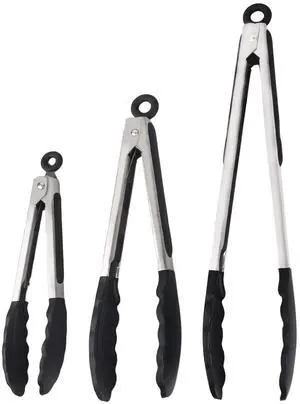 Kitchen Tongs with Silicone Tips, Kitchen Tongs, Cooking Tongs, Premium Stainless Steel Locking Cooking Tongs, Non-Slip Food Tongs for Cooking, Heavy Duty, Non-Stick, 480, Set of 3-7"/9"/12" Black Kitchen Tongs with Silicone Tips, Kitchen Tongs, Cooking Tongs, Premium Stainless Steel Locking Cooking Tongs, Non-Slip Food Tongs for Cooking, Heavy Duty, Non-Stick, 480, Set of 3-7"/9"/12" Black