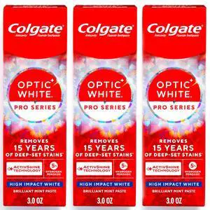 Optic White Pro Series High Impact White, 3 Pack, Teeth Whitening Toothpaste with 5% Hydrogen Peroxide and ActivShine, Brilliant Mint Flavor, 3.0 OZ Optic White Pro Series High Impact White, 3 Pack, Teeth Whitening Toothpaste with 5% Hydrogen Peroxide and ActivShine, Brilliant Mint Flavor, 3.0 OZ