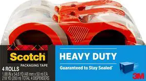 Heavy Duty Shipping Packing Tape, Clear, Shipping and Packaging Supplies, 1.88 in. x 54.6 yd., 4 Tape Rolls with 4 Dispensers Heavy Duty Shipping Packing Tape, Clear, Shipping and Packaging Supplies, 1.88 in. x 54.6 yd., 4 Tape Rolls with 4 Dispensers