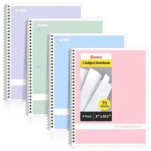 Spiral Notebooks College Ruled, 1-Subject, 4 Pack, 8 x 10-1/2 in, 70 Sheets, 3-Hole Punched 70gsm Paper, Pastel Pink, Purple, Blue, Green for School, Home & Office, Writing Journal Spiral Notebooks College Ruled, 1-Subject, 4 Pack, 8 x 10-1/2 in, 70 Sheets, 3-Hole Punched 70gsm Paper, Pastel Pink, Purple, Blue, Green for School, Home & Office, Writing Journal