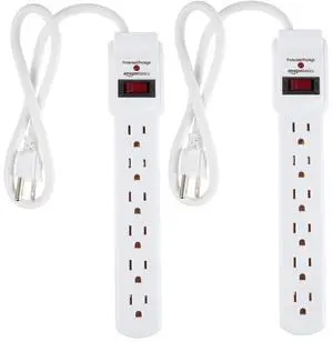 Surge Protector Power Strip, 6-Outlet with 200J Protection, Circuit Breaker, LED Indicator, On/Off Switch, Wall-Mounting, 2ft Extension Cord, White, 2-Pack Surge Protector Power Strip, 6-Outlet with 200J Protection, Circuit Breaker, LED Indicator, On/Off Switch, Wall-Mounting, 2ft Extension Cord, White, 2-Pack