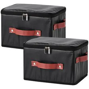 2PCS Storage Bins Boxes with Zipper Lid PU Leather Fabric Basket | Waterproof Lidded Cubes Foldable Washable Closet Shelf Clothes Organizer Container with Handles (Black, Small Size) 2PCS Storage Bins Boxes with Zipper Lid PU Leather Fabric Basket | Waterproof Lidded Cubes Foldable Washable Closet Shelf Clothes Organizer Container with Handles (Black, Small Size)