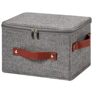 Storage Bin Box with Zippered Lid Decorative Collapsible Basket | Cotton Linen Fabric, Washable Foldable Stackable Clothes Container, Closet Shelf Organizer w/ PU Leather Handles, Gray-Small Storage Bin Box with Zippered Lid Decorative Collapsible Basket | Cotton Linen Fabric, Washable Foldable Stackable Clothes Container, Closet Shelf Organizer w/ PU Leather Handles, Gray-Small