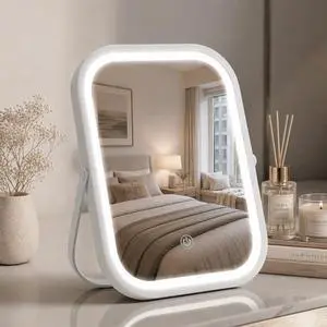 Rechargeable Travel Makeup Mirror, 8"×6" Small Vanity Mirror with Lights, 1500mAH Battery, 3-Color Lighting, Dimmable, 360° Rotation, Portable Desk Mirror with Storage Pouch, Travel Essentials (White) Rechargeable Travel Makeup Mirror, 8"×6" Small Vanity Mirror with Lights, 1500mAH Battery, 3-Color Lighting, Dimmable, 360° Rotation, Portable Desk Mirror with Storage Pouch, Travel Essentials (White)
