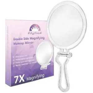 Double Sided Hand Held Makeup Mirror, Adjustable Folding Handle | 1X & 7X Magnifying, Distortion-free & HD, Portable, Transparent & Round (6") Handheld Mirror for Women & Men, Makeup, Shaving Double Sided Hand Held Makeup Mirror, Adjustable Folding Handle | 1X & 7X Magnifying, Distortion-free & HD, Portable, Transparent & Round (6") Handheld Mirror for Women & Men, Makeup, Shaving