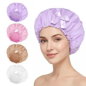 Shower Cap for Women, 4 PCS Large Waterproof Bath Cap w/Bow | Reusable PEVA Hair Caps for Women Men Girls, Bath Accessories, Spa, Travel Home - White+Pink+Purple+Light Coffee Shower Cap for Women, 4 PCS Large Waterproof Bath Cap w/Bow | Reusable PEVA Hair Caps for Women Men Girls, Bath Accessories, Spa, Travel Home - White+Pink+Purple+Light Coffee
