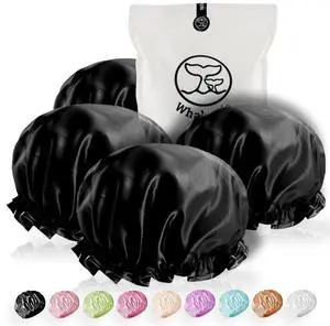Shower Cap - Black Double-Layer Waterproof Reusable Satin-Lined for Women Men | Fits Thick Hair | Home Spa Travel 4 Pack | Shower Cap - Black Double-Layer Waterproof Reusable Satin-Lined for Women Men | Fits Thick Hair | Home Spa Travel 4 Pack |
