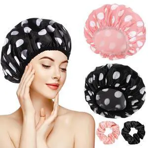 2 Packs Large Shower Caps for Women, Waterproof Shower Cap Double Layers Bath Caps with Hair Scrunchies for Long Thick Hair 2 Packs Large Shower Caps for Women, Waterproof Shower Cap Double Layers Bath Caps with Hair Scrunchies for Long Thick Hair