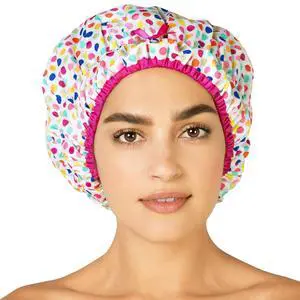 Fashionista Reusable Shower Cap, Deco Dots | Oversized Waterproof PEVA Lined Bath Cap for All Hair Lengths, Elastic Stretch Hem Hair Hat Fashionista Reusable Shower Cap, Deco Dots | Oversized Waterproof PEVA Lined Bath Cap for All Hair Lengths, Elastic Stretch Hem Hair Hat