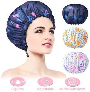 3 Pack Shower Caps, Extra Large & Adjustable Double Layer Bathing Cap | Reusable & Comfortable Hair Cap for Women, Waterproof Outer & EVA Lining for Shower Spa Makeup, for All Hair Lengths/Style 3 Pack Shower Caps, Extra Large & Adjustable Double Layer Bathing Cap | Reusable & Comfortable Hair Cap for Women, Waterproof Outer & EVA Lining for Shower Spa Makeup, for All Hair Lengths/Style