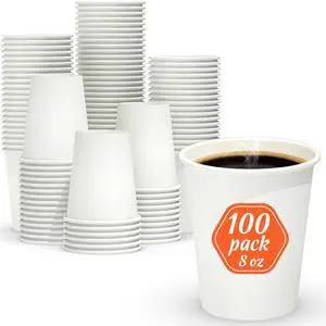 100 Count 8 oz Coffee Cups | Leak-Free Food Safe Paper Cups 8 oz, Disposable 8oz White Paper Cups for Cold and Hot Drinks 100 Count 8 oz Coffee Cups | Leak-Free Food Safe Paper Cups 8 oz, Disposable 8oz White Paper Cups for Cold and Hot Drinks