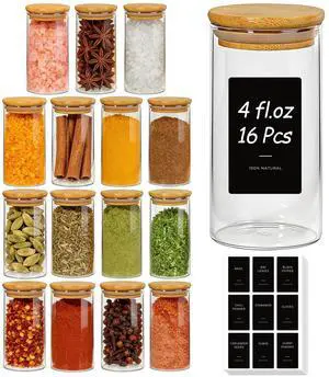 Glass Spice Jars 4oz 16 Pack, Small Seasoning Containers with labels | Round Spice Jars with 54 Labels, Kitchen, Spice Rack Organization, Loose Tea, Herbs, Powders, Salt,Chili, Dry Goods, BPA Free Glass Spice Jars 4oz 16 Pack, Small Seasoning Containers with labels | Round Spice Jars with 54 Labels, Kitchen, Spice Rack Organization, Loose Tea, Herbs, Powders, Salt,Chili, Dry Goods, BPA Free