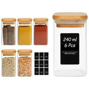 Glass Spice Jars with Labels 8 oz 6 Pack Square Bamboo Lids | Empty Containers, Seasoning Herbs Powders, Salt Pepper Chili, Kitchen Cabinet Storage Starter Set, Dry Goods Glass Spice Jars with Labels 8 oz 6 Pack Square Bamboo Lids | Empty Containers, Seasoning Herbs Powders, Salt Pepper Chili, Kitchen Cabinet Storage Starter Set, Dry Goods