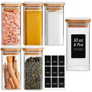 Glass Spice Jars with Labels 10 oz 6 Pack Large Square Bamboo Lids | Empty Containers, Seasoning Herbs Powders, Salt Pepper Chili, Kitchen Cabinet Storage Starter Set, Dry Goods Glass Spice Jars with Labels 10 oz 6 Pack Large Square Bamboo Lids | Empty Containers, Seasoning Herbs Powders, Salt Pepper Chili, Kitchen Cabinet Storage Starter Set, Dry Goods