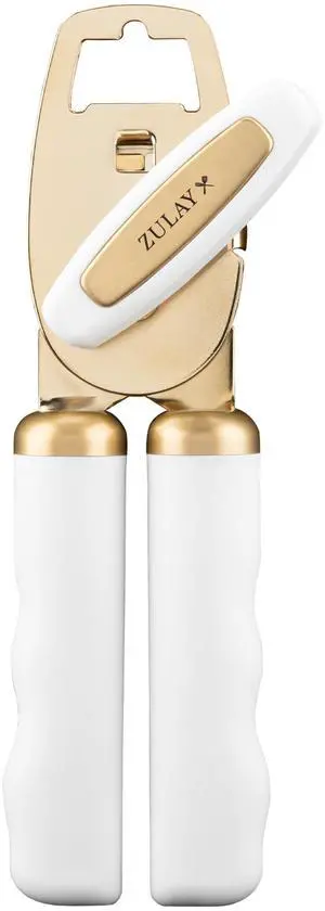 Heavy Duty Stainless Steel Can Opener Manual with Bottle Opener - Rust Proof Manual Can Opener With Turn Knob & Comfy Soft Grip Handles - White & Gold Heavy Duty Stainless Steel Can Opener Manual with Bottle Opener - Rust Proof Manual Can Opener With Turn Knob & Comfy Soft Grip Handles - White & Gold
