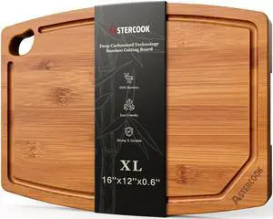 Large Bamboo Cutting Board, Deep Carbonized Wooden Chopping Board with Juice Groove and Handle, Kitchen Prep & Serving Board for Meat, Vegetables, Bread and Charcuterie Large Bamboo Cutting Board, Deep Carbonized Wooden Chopping Board with Juice Groove and Handle, Kitchen Prep & Serving Board for Meat, Vegetables, Bread and Charcuterie
