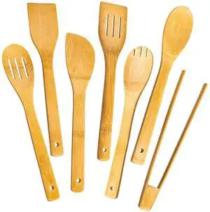 7-Piece Wooden Cooking Spoons, Natural Bamboo Utensil Set | Natural Bamboo with Squared Edges Scrapes Up Fond Easily for Richer Sauce, Lightweight, Sustainable, Naturally Hygienic 7-Piece Wooden Cooking Spoons, Natural Bamboo Utensil Set | Natural Bamboo with Squared Edges Scrapes Up Fond Easily for Richer Sauce, Lightweight, Sustainable, Naturally Hygienic
