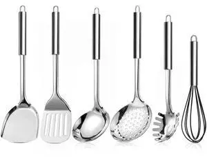 6-Piece Stainless Steel Cooking Utensils Set, Metal Kitchen Tools | Include Skimmer, Spatula, Slotted Turner, Pasta Server, Soup Ladle, Non-toxic Utensils for Cooking, Dishwasher Safe 6-Piece Stainless Steel Cooking Utensils Set, Metal Kitchen Tools | Include Skimmer, Spatula, Slotted Turner, Pasta Server, Soup Ladle, Non-toxic Utensils for Cooking, Dishwasher Safe