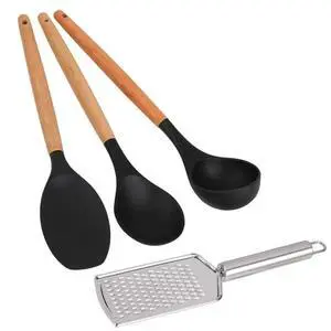 4Pcs Silicone Utensil Set,3 Silicone Cooking Spoon,1 Grater, Easy to Clean | Wooden Handle Spoons for Nonstick Cookware, Heat Resistant Kitchen Gadgets, Silicone Spatula, Soup Ladle, Black Tools 4Pcs Silicone Utensil Set,3 Silicone Cooking Spoon,1 Grater, Easy to Clean | Wooden Handle Spoons for Nonstick Cookware, Heat Resistant Kitchen Gadgets, Silicone Spatula, Soup Ladle, Black Tools