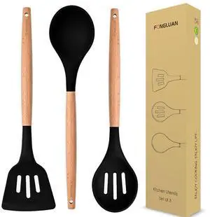 Kitchen Utensils. Set of 3, Silicone Cooking Utensils Set, Turner/Spatula, Spoons with Wooden Handle, Heat Resistant, Nonstick Cookware, Dishwasher Safe, Black Kitchen Utensils. Set of 3, Silicone Cooking Utensils Set, Turner/Spatula, Spoons with Wooden Handle, Heat Resistant, Nonstick Cookware, Dishwasher Safe, Black