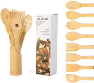 Bamboo Spoons for Cooking - Set of 8 Spoons with Holder - Wooden Cooking Spoons - Non-toxic & Organic Bamboo Cooking Utensils with Spoon Set & Spatula - Premium Kitchen Utensils Bamboo Spoons for Cooking - Set of 8 Spoons with Holder - Wooden Cooking Spoons - Non-toxic & Organic Bamboo Cooking Utensils with Spoon Set & Spatula - Premium Kitchen Utensils