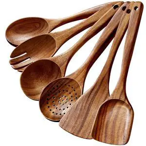 6-Piece Natural Teak Wooden Utensils Set, Wooden Spoons Set for Cooking - Heat Resistant, Natural Healthy Spatula Set with Hanging Holes - Durable, Scratch-Free & Handcrafted 6-Piece Natural Teak Wooden Utensils Set, Wooden Spoons Set for Cooking - Heat Resistant, Natural Healthy Spatula Set with Hanging Holes - Durable, Scratch-Free & Handcrafted
